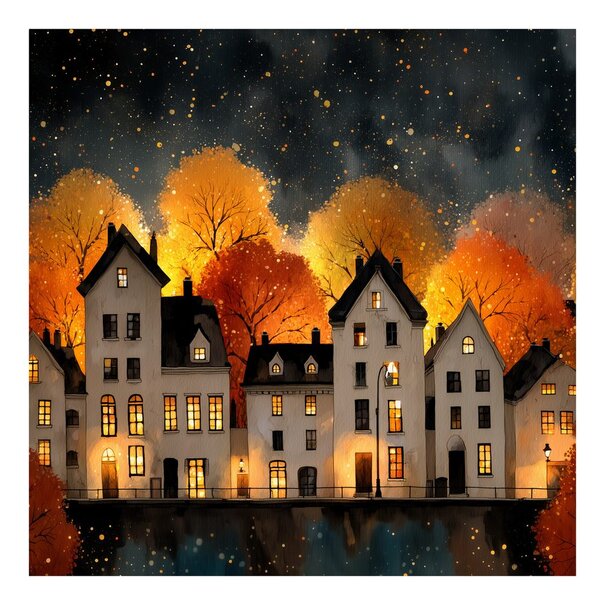 Quadro su tela – Case illuminate festive di notte