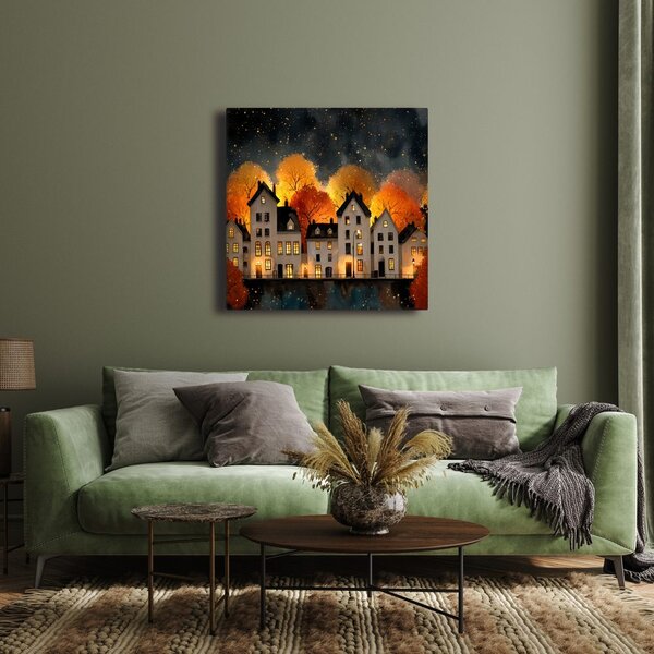 Quadro su tela – Case illuminate festive di notte
