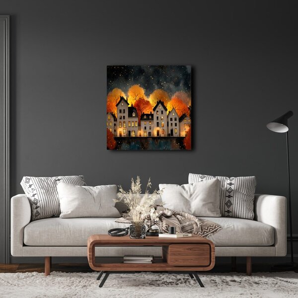 Quadro su tela – Case illuminate festive di notte