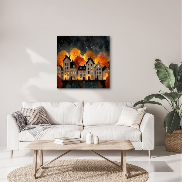 Quadro su tela – Case illuminate festive di notte