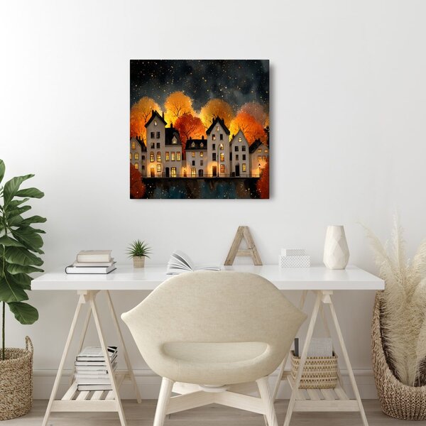 Quadro su tela – Case illuminate festive di notte