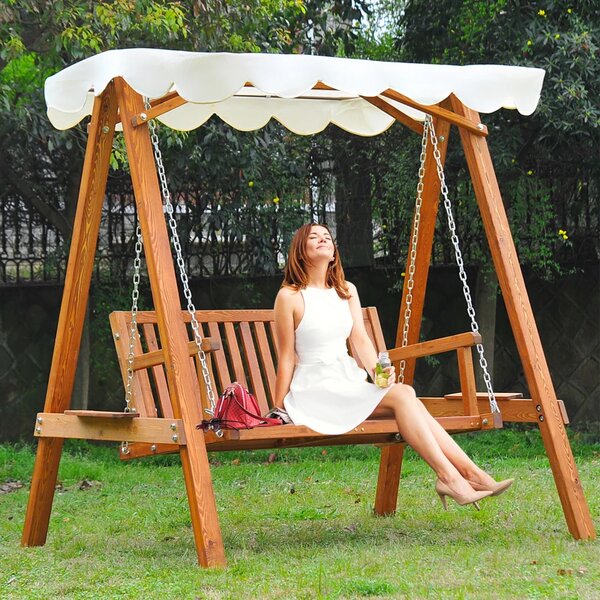 VivaGarden Dondolo da Giardino 2 Posti con Tettuccio Parasole in Legno Dimensioni 162x130x185 cm colore Crema
