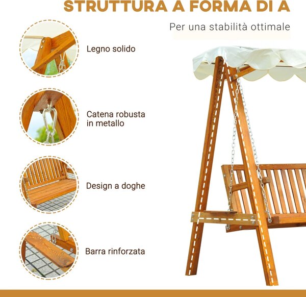 VivaGarden Dondolo da Giardino 2 Posti con Tettuccio Parasole in Legno Dimensioni 162x130x185 cm colore Crema