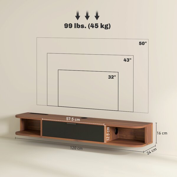 HOMCOM Mobile Porta TV fino 50" Sospeso con Cassetto, 2 Ripiani Aperti e Foro Passacavi, 120x24x16 cm, Noce | Aosom Italy