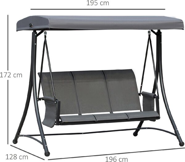 VivaGarden Dondolo da Giardino 3 Posti con Tettuccio Parasole in Acciaio Dimensioni 196x128x172 cm colore Grigio Scuro