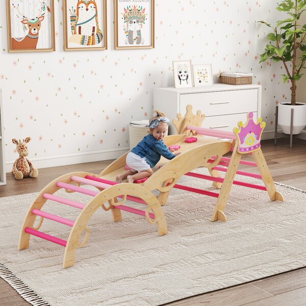 AIYAPLAY 8 in 1 Triangolo da Arrampicata in Legno Struttura da Arrampicata Montessori Tema Corona con Arco e Rampa Rosa | Aosom Italy