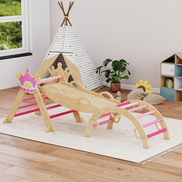 AIYAPLAY 8 in 1 Triangolo da Arrampicata in Legno Struttura da Arrampicata Montessori Tema Corona con Arco e Rampa Rosa | Aosom Italy