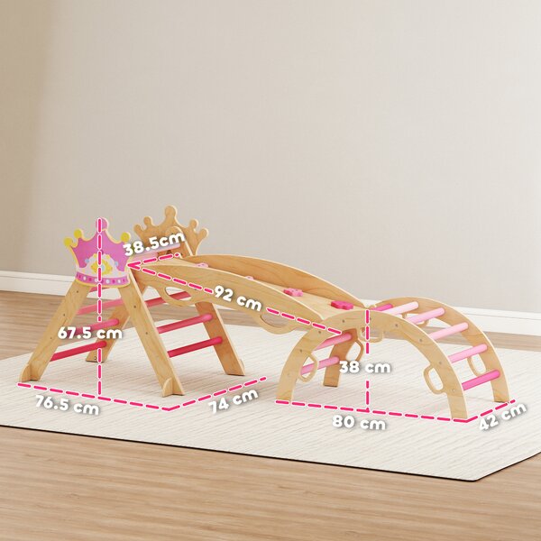 AIYAPLAY 8 in 1 Triangolo da Arrampicata in Legno Struttura da Arrampicata Montessori Tema Corona con Arco e Rampa Rosa | Aosom Italy