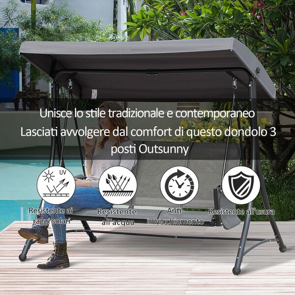 VivaGarden Dondolo da Giardino 3 Posti con Tettuccio Parasole in Acciaio Dimensioni 196x128x172 cm colore Grigio Scuro