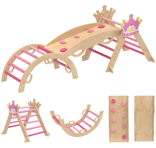 AIYAPLAY 8 in 1 Triangolo da Arrampicata in Legno Struttura da Arrampicata Montessori Tema Corona con Arco e Rampa Rosa | Aosom Italy