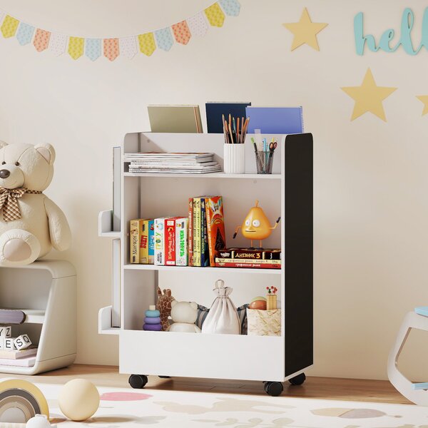 AIYAPLAY Libreria per bambini con ruote, porta libri per bambini da 3 a 8 anni con lavagna, 66,5x32,5x86,5cm, bianco | Aosom Italy