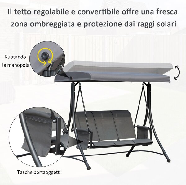 VivaGarden Dondolo da Giardino 3 Posti con Tettuccio Parasole in Acciaio Dimensioni 196x128x172 cm colore Grigio Scuro
