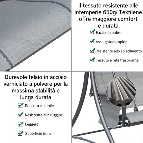 VivaGarden Dondolo da Giardino 3 Posti con Tettuccio Parasole in Acciaio Dimensioni 196x128x172 cm colore Grigio Scuro