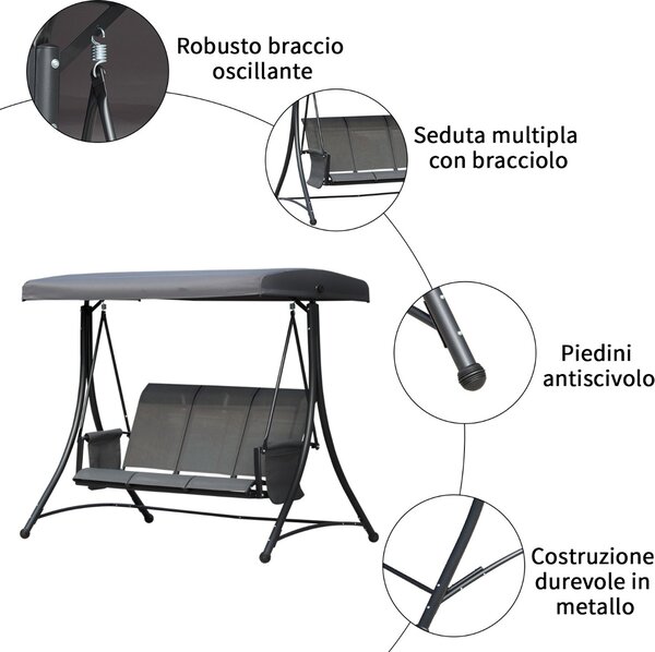 VivaGarden Dondolo da Giardino 3 Posti con Tettuccio Parasole in Acciaio Dimensioni 196x128x172 cm colore Grigio Scuro