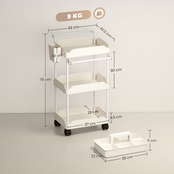 HOMCOM Carrello Ausiliario con Ruote a 3 Livelli Carrello da Cucina con Ceste Estraibili e Portasalviette Bianco | Aosom Italy