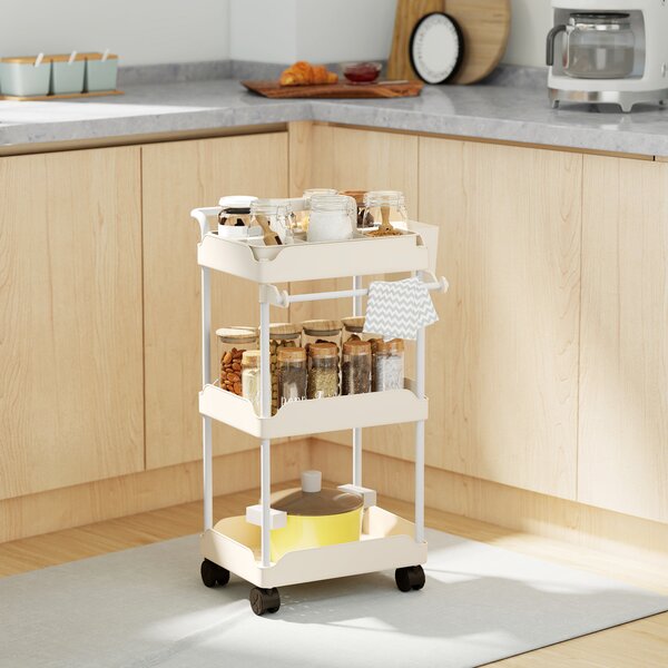 HOMCOM Carrello Ausiliario con Ruote a 3 Livelli Carrello da Cucina con Ceste Estraibili e Portasalviette Bianco | Aosom Italy