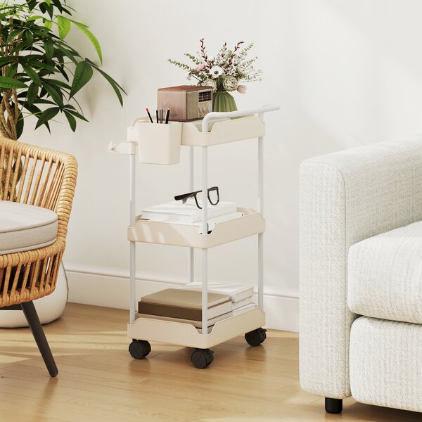 HOMCOM Carrello Ausiliario con Ruote a 3 Livelli Carrello da Cucina con Ceste Estraibili e Portasalviette Bianco | Aosom Italy