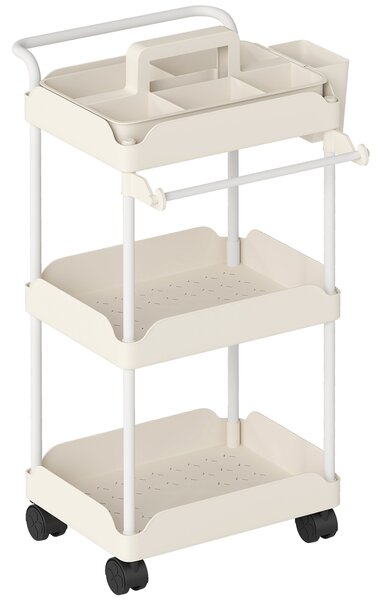 HOMCOM Carrello Ausiliario con Ruote a 3 Livelli Carrello da Cucina con Ceste Estraibili e Portasalviette Bianco | Aosom Italy
