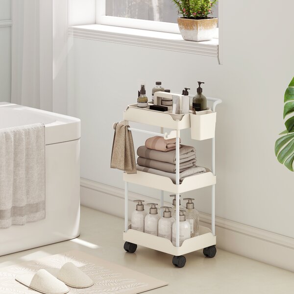 HOMCOM Carrello Ausiliario con Ruote a 3 Livelli Carrello da Cucina con Ceste Estraibili e Portasalviette Bianco | Aosom Italy