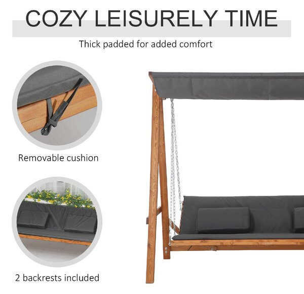 VivaGarden Dondolo da Giardino 3 Posti Reclinabile a Letto con Tettuccio Parasole in Legno e Acciaio Dimensioni 225.5x113x180 cm colore Legno/Grigio