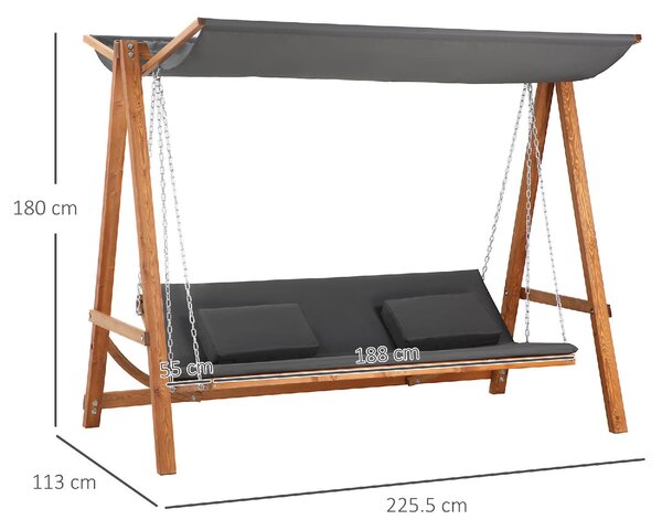 VivaGarden Dondolo da Giardino 3 Posti Reclinabile a Letto con Tettuccio Parasole in Legno e Acciaio Dimensioni 225.5x113x180 cm colore Legno/Grigio