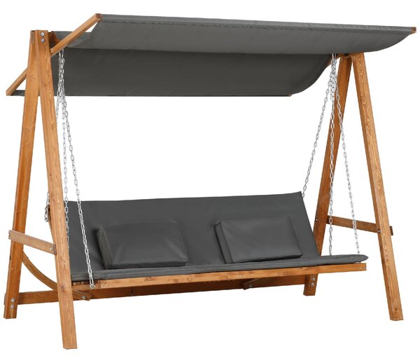 VivaGarden Dondolo da Giardino 3 Posti Reclinabile a Letto con Tettuccio Parasole in Legno e Acciaio Dimensioni 225.5x113x180 cm colore Legno/Grigio