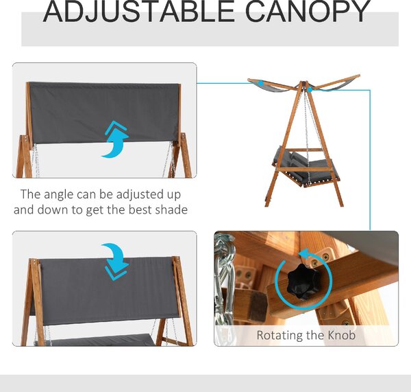 VivaGarden Dondolo da Giardino 3 Posti Reclinabile a Letto con Tettuccio Parasole in Legno e Acciaio Dimensioni 225.5x113x180 cm colore Legno/Grigio