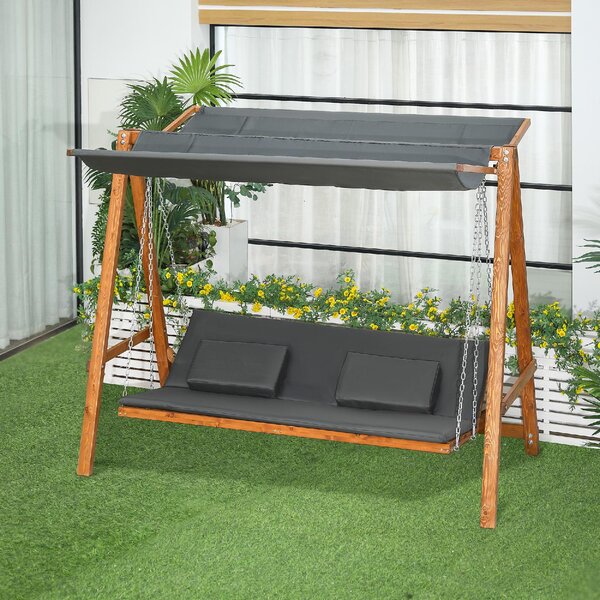 VivaGarden Dondolo da Giardino 3 Posti Reclinabile a Letto con Tettuccio Parasole in Legno e Acciaio Dimensioni 225.5x113x180 cm colore Legno/Grigio
