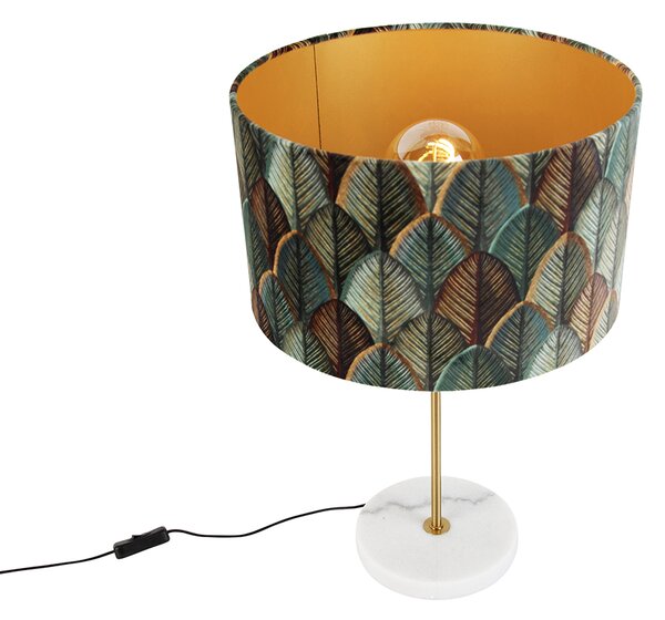 Lampada da tavolo in ottone con paralume in velluto, motivo a foglie e interno dorato - Kaso