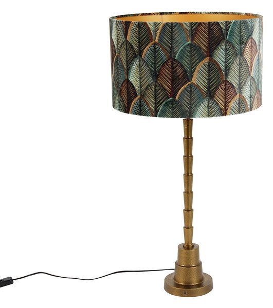 Lampada da Tavolo Bronzo con Paralume in Velluto, Motivo Foglia e Interno Oro - Pisos