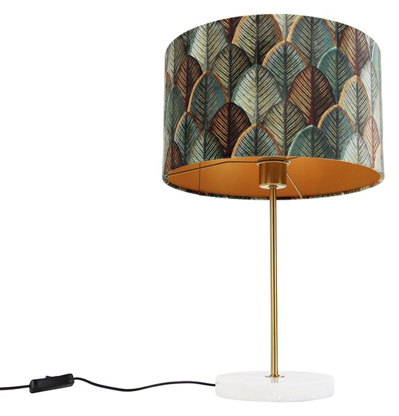 Lampada da tavolo in ottone con paralume in velluto, motivo a foglie e interno dorato - Kaso