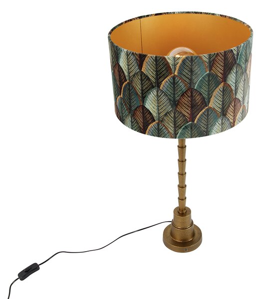 Lampada da Tavolo Bronzo con Paralume in Velluto, Motivo Foglia e Interno Oro - Pisos