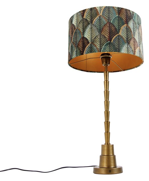 Lampada da Tavolo Bronzo con Paralume in Velluto, Motivo Foglia e Interno Oro - Pisos
