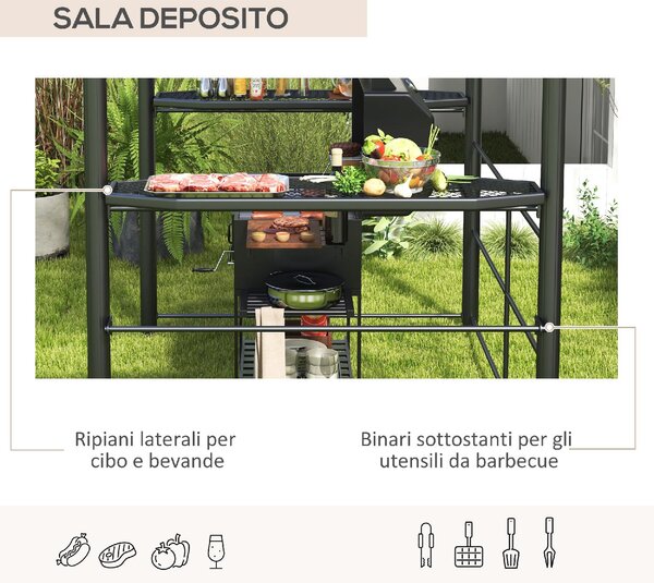 VivaGarden Gazebo da Giardino per Barbecue con Tetto e 2 Ripiani Portaoggetti in Metallo e PC 240x150x230 cm colore Grigio Scuro