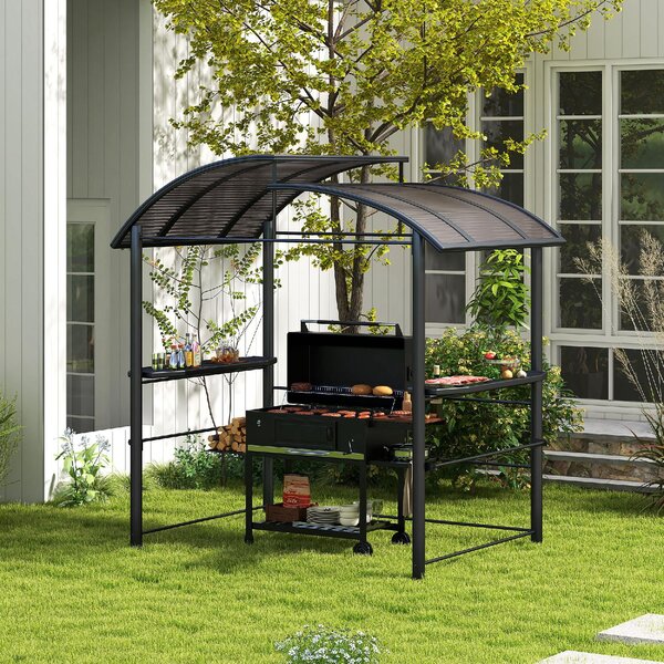 VivaGarden Gazebo da Giardino per Barbecue con Tetto e 2 Ripiani Portaoggetti in Metallo e PC 240x150x230 cm colore Grigio Scuro