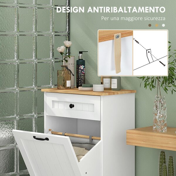 DecHome Mobile Portabiancheria con 1 Cesto 1 Cassetto in Legno Dimensioni 52x33x90 cm colore Bianco