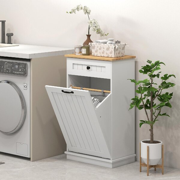 DecHome Mobile Portabiancheria con 1 Cesto 1 Cassetto in Legno Dimensioni 52x33x90 cm colore Bianco