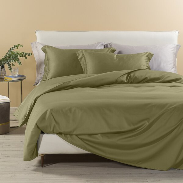 Completo Copripiumino In Raso Di Cotone Raso Matrimoniale Dreaming Tinta Unita Green Caleffi