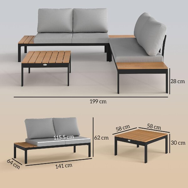 VivaGarden Salotto da Giardino con 2 Divano 2 Posti e 2 Tavolini con Cuscini in Metallo/Legno colore Grigio/Teak