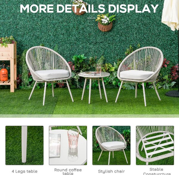 VivaGarden Salotto da Giardino con 2 Poltrone e Tavolino con Cuscini in Rattan PE colore Bianco Crema