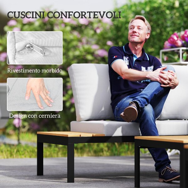 VivaGarden Salotto da Giardino con 2 Divano 2 Posti e 2 Tavolini con Cuscini in Metallo/Legno colore Grigio/Teak