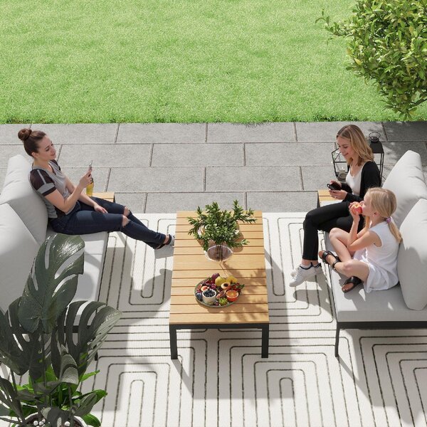 VivaGarden Salotto da Giardino con 2 Divano 2 Posti e 2 Tavolini con Cuscini in Metallo/Legno colore Grigio/Teak
