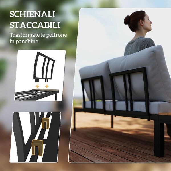 VivaGarden Salotto da Giardino con 2 Divano 2 Posti e 2 Tavolini con Cuscini in Metallo/Legno colore Grigio/Teak