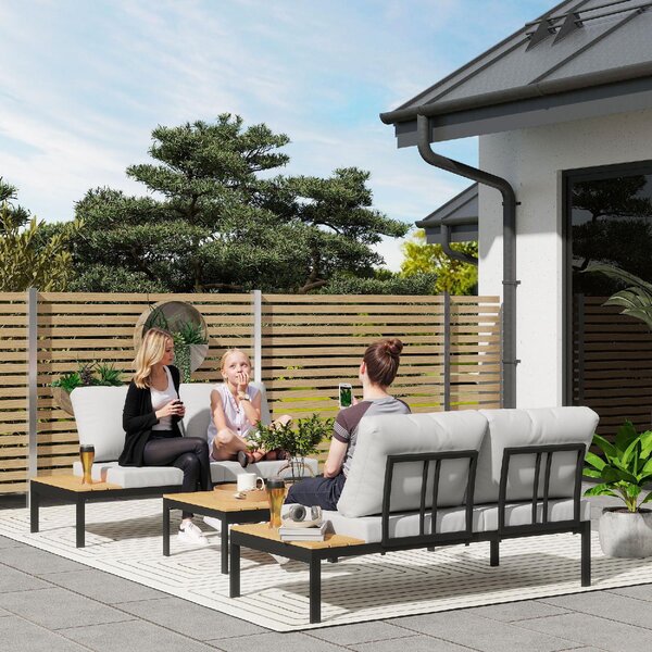 VivaGarden Salotto da Giardino con 2 Divano 2 Posti e 2 Tavolini con Cuscini in Metallo/Legno colore Grigio/Teak