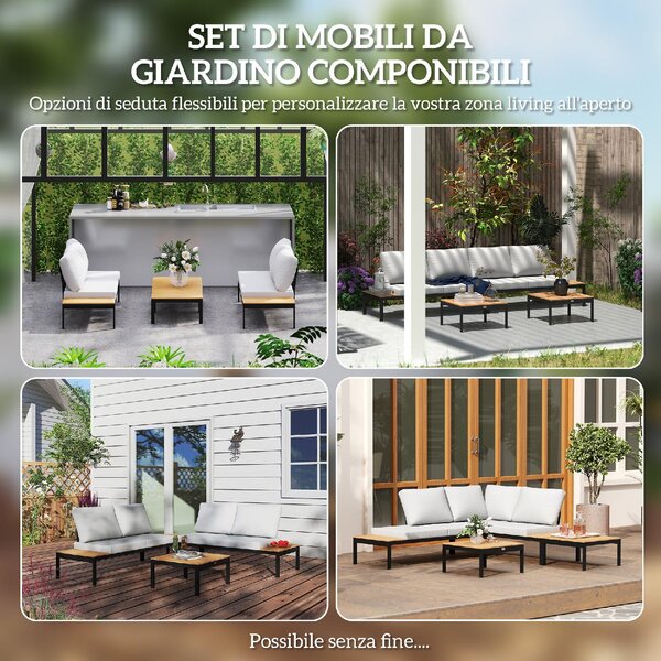 VivaGarden Salotto da Giardino con 2 Divano 2 Posti e 2 Tavolini con Cuscini in Metallo/Legno colore Grigio/Teak