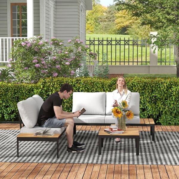VivaGarden Salotto da Giardino con 2 Divano 2 Posti e 2 Tavolini con Cuscini in Metallo/Legno colore Grigio/Teak