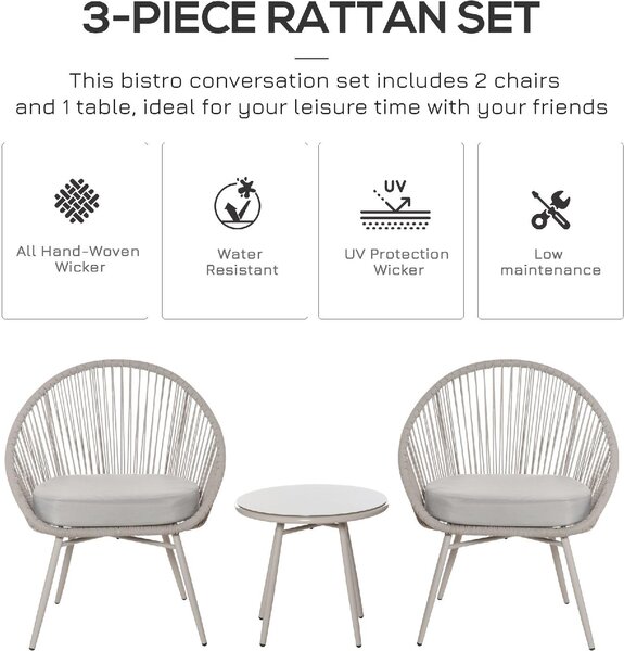 VivaGarden Salotto da Giardino con 2 Poltrone e Tavolino con Cuscini in Rattan PE colore Bianco Crema