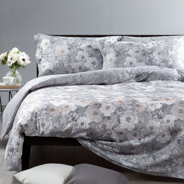 Completo Copripiumino MATRIMONIALE Kioto Flowers GRIGIO Raso Di Cotone Caleffi