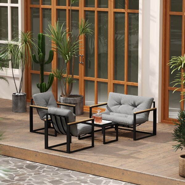 VivaGarden Salotto da Giardino con Divano 2 Posti 2 Poltrone e Tavolino con Cuscini in Acciaio/Poliestere colore Grigio Chiaro/Nero