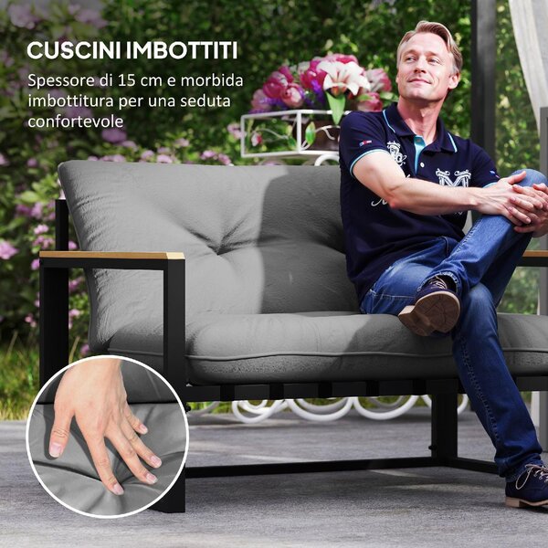 VivaGarden Salotto da Giardino con Divano 2 Posti 2 Poltrone e Tavolino con Cuscini in Acciaio/Poliestere colore Grigio Chiaro/Nero